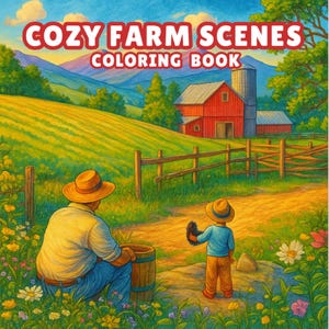 Peut inclure: Couverture d'un livre de coloriage intitulé "Cozy Farm Scenes". L'illustration montre une ferme avec une grange rouge et un silo sur une colline verte. Une personne et un enfant sont sur un chemin, avec une clôture en bois et des fleurs.