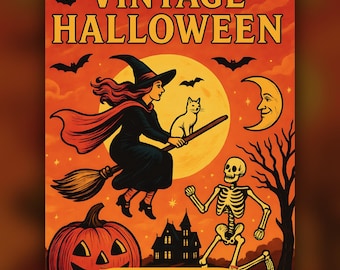 Vintage Halloween Coloring Book for Adults | Retro Witch Skeleton Pumpkin Art | Printable Spooky Fall PDF Instant Download Gift
