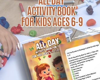 Pode incluir: Um "All Day Activity Book for Kids Ages 6-9" é exibido. A capa apresenta crianças de desenhos animados. O livro promete 100 quebra-cabeças divertidos, incluindo caça-palavras, palavras cruzadas e páginas para colorir. Projetado para aumentar a criatividade.