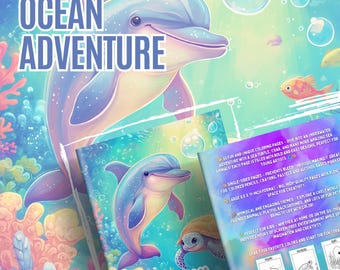 May include: A colorful illustration of a dolphin and the words "Ocean Adventure" on a coloring book cover. The image features a dolphin, a turtle, and fish in an underwater scene. The book is designed for young artists.
