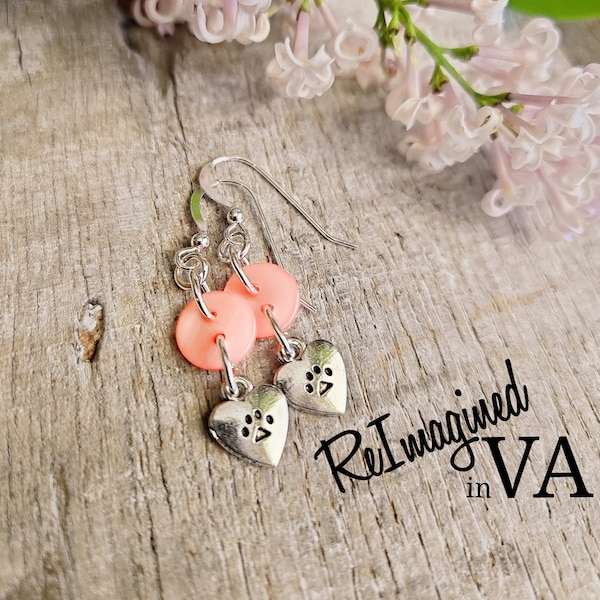 Small Buttons and Paw Print Earrings, upcycled, recycled, repurposed, buttons