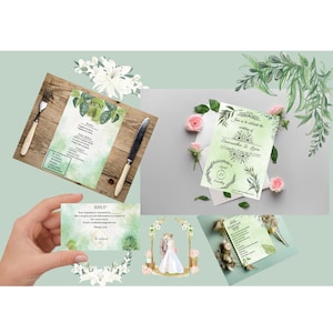 Set of 4 for WEDDING Green & Leaf Invitation, Menu, Detail Card, RSVP. Templates completely editable on CANVA. Happy newlyweds. Nature style