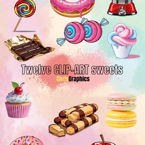 Bundle 12 ClipArt theme SWEETS, PNG of donuts, cupcake, candies and more. No background. Made on CANVA.