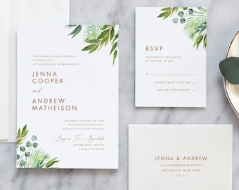 Greenery Wedding Invitation, Modern Wedding Invitation with botanical details and eucalyptus leaves, Green wedding invitation