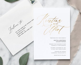 Gold Calligraphy Wedding Invitation, Simple Classic Elegant Wedding Invitations, Printed Gold Invitation