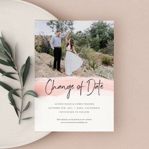 Change the Date Card, Wedding Postponement Card, Printed Change of Date Card, Postponement Announcement, Save the New Date image 1