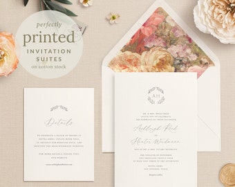 Monogram Wedding Invitations with Botanical Detail, Printed, Custom Color and Envelopes