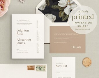 Printed Wedding Invitation, Minimalist Design, Neutral Tones with Optional Patterned Envelope Liner