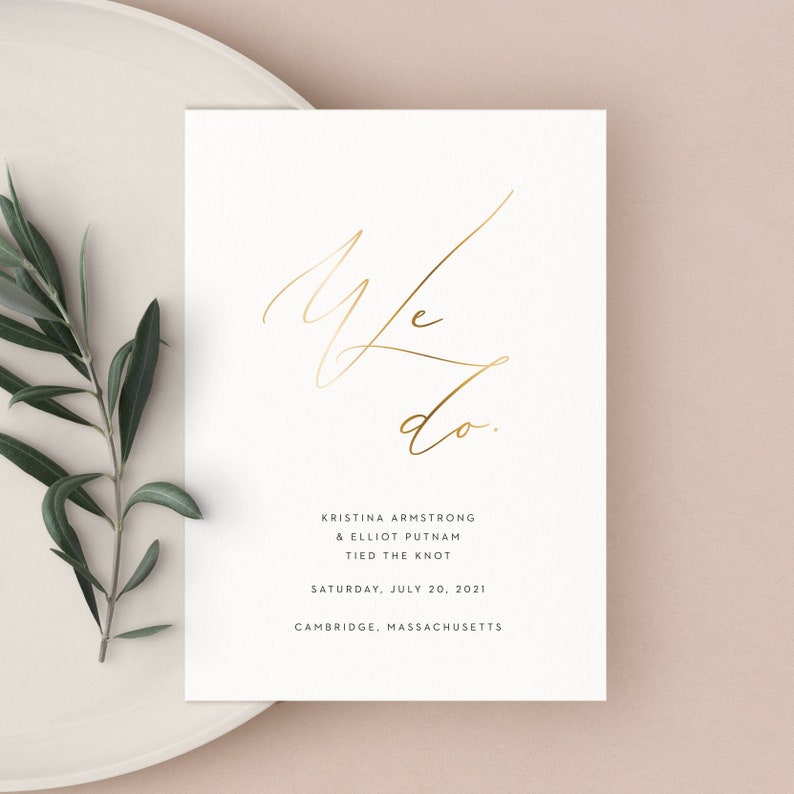 Gold Calligraphy Wedding Announcement, Wedding Announcement Card, Elopement Announcement, Elegant, Simple image 1