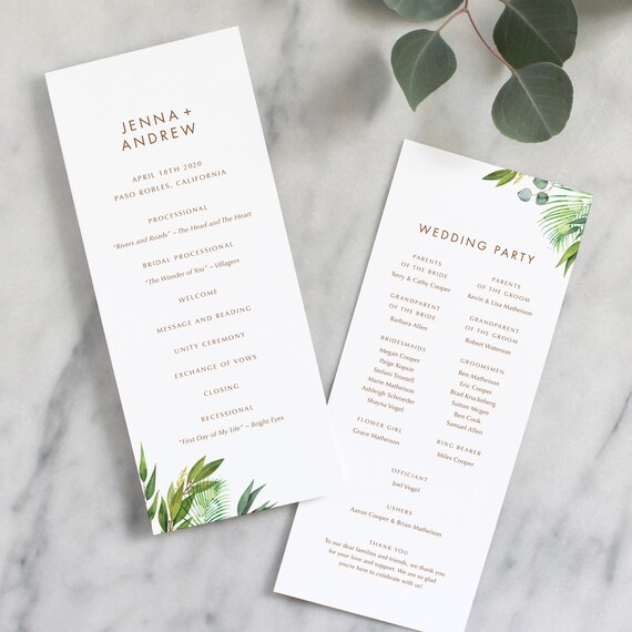 Printed Wedding Program Modern Wedding Program Elegant Etsy