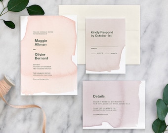 Modern Wedding Invitation, Minimal Wedding Invitation, Pastel Watercolor Wedding Invitation, Simple Elegant Wedding Invite - Printed Sample