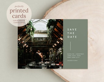 Photo Save the Date Card in Dark Sage Green, with Printed Addressed Envelopes