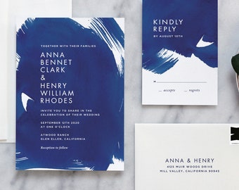 Navy Wedding Invitation, Blue Wedding Invitation, Indigo Wedding Invitation, Watercolor Wedding Invitation, Modern simple invitation