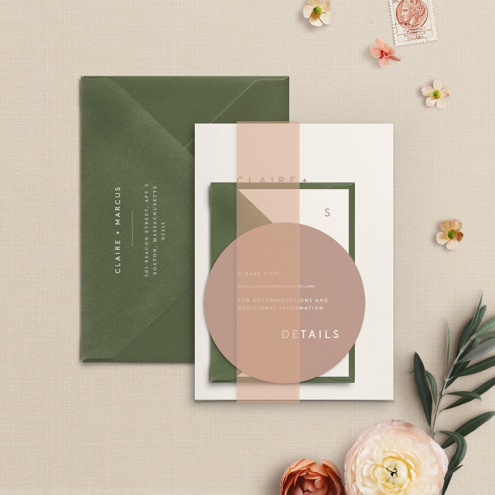 Wedding Invitation Set Printed With Dark Green Envelopes, Envelope