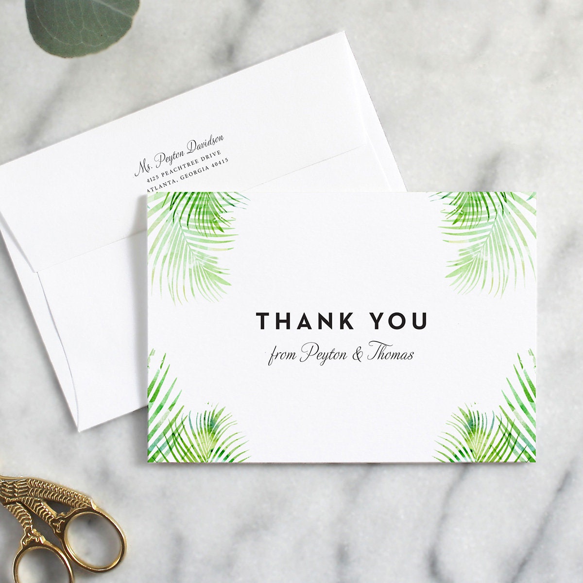 Wedding Thank You Note With Palm Leaves Design, Custom Thank You Note ...