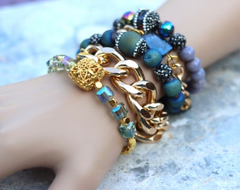 Blau und Gold Armband Stapel, Chunky Armbänder, Geschenk für Sie, Blaues Armband, Armband Stapel, Armband Set, Mehrstrang Armband