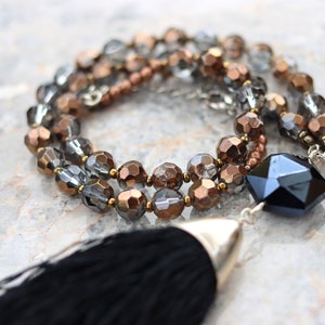 Long boho tassel necklace with bronze glass beads, Black tassel necklace, Boho Jewellery, Tassel Pendant