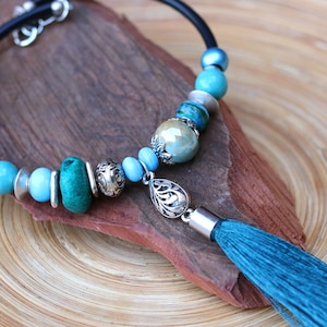 Blue and silver tassel necklace, tassel choker, Gift for her, Boho necklace