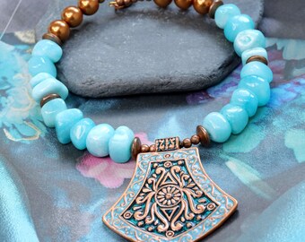 Blue and copper choker necklace with boho pendant, Gift for her, Boho necklace