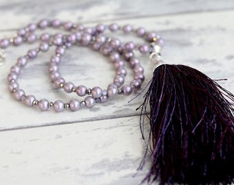Pearl and tassel long necklace in lavender and purple, purple necklace, pearl necklace, tassel pendant