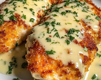 以下が含まれることがあります： パン粉をつけた鶏むね肉2枚に、クリーミーな白いソースと新鮮なパセリがかけられています