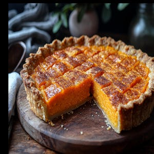 May include: A golden brown pumpkin pie with a flaky crust, cut into squares, and dusted with cinnamon. The pie is on a wooden cutting board.
