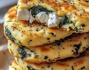 May include: A stack of four golden brown flatbreads with spinach and feta cheese filling. The flatbreads are topped with black pepper.