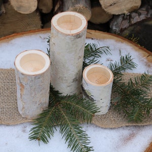 3 White Birch Wood Candle Holders Wedding Christmas Table Candles Centerpiece image 4