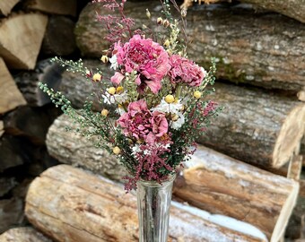 Valentine Dried Flower Bud Vase Bouquet and Wood Heart, Zinnia and Mini Wild Flower Bouquet