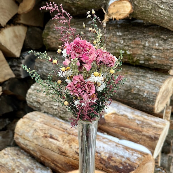 Valentine Dried Flower Bud Vase Bouquet and Wood Heart, Zinnia and Mini Wild Flower Bouquet