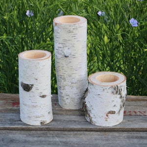 3 White Birch Wood Candle Holders Wedding Christmas Table Candles Centerpiece image 3