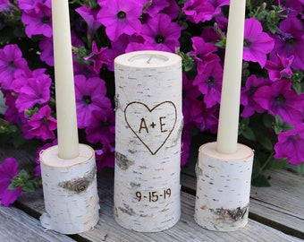 Personalized White Birch Unity Candle Holder Set: Wedding Keepsake