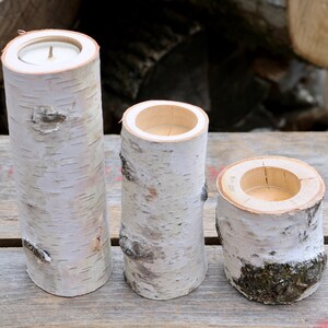 3 White Birch Wood Candle Holders Wedding Christmas Table Candles Centerpiece image 2