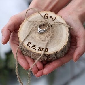 Ring Pillow Personalized Rustic Wood Slice Ring Bearer Pillow, Country Wedding image 1