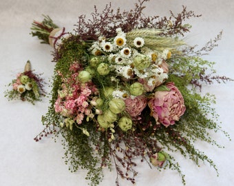 Dried Flower Wedding Bouquet with Peony & Boutonniere: Chic Country Charm