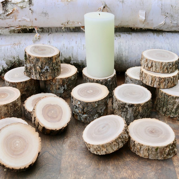 Bulk Set of 18 Wood Log Pillar Candle Holders for Centerpiece, Bulk Wood Slice Rustic Wedding