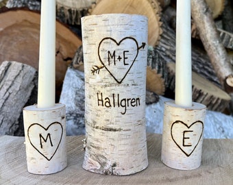 White Birch Wedding Ceremony Candle Holders, Personalized Unity Candle Holder Set