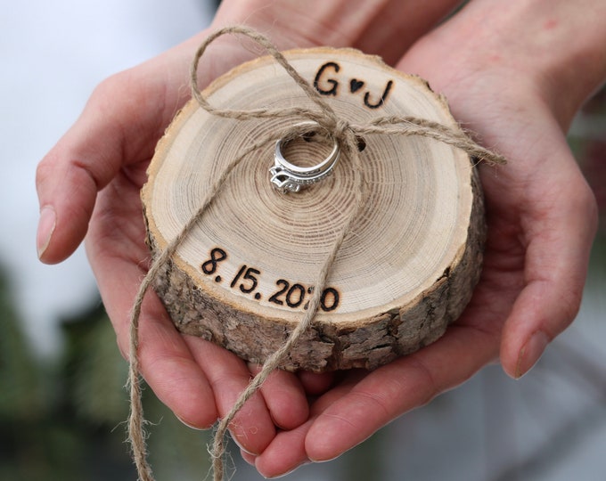 Featured listing image: Ring Pillow Personalized Rustic Wood Slice Ring Bearer Pillow, Country Wedding