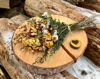 Yellow Dried Flower Bud Vase Bouquet and Valentine Wood Heart, Zinnia and Mini Wild Flower Bouquet