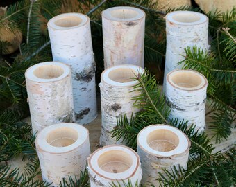 Set of 9 White Birch Wood Candle Holders, Wood Candle Holders, Wedding Table Candles, Christmas Candle Holders