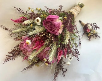 Burgundy and Blush Dry Flower Bouquet, Boutonniere, Wedding Bouquet, Dried Flower Bouquet, Peonies