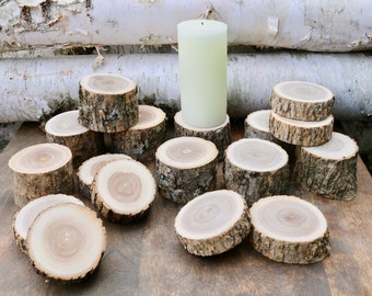 Bulk Set of 18 Wood Log Pillar Candle Holders for Centerpiece, Bulk Wood Slice Rustic Wedding