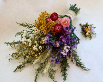 Dried Flower Wedding Bouquet with Wheat & Boutonniere