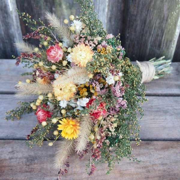 FARMHOUSE Yellow Bridesmaid Dried Flower Bouquet - For a Rustic Country Wedding