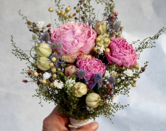 Pink Peony Dry Flower Bouquet and Boutonniere  Wedding Bouquet Dried Flower Bouquet, Blue Glitter Pods