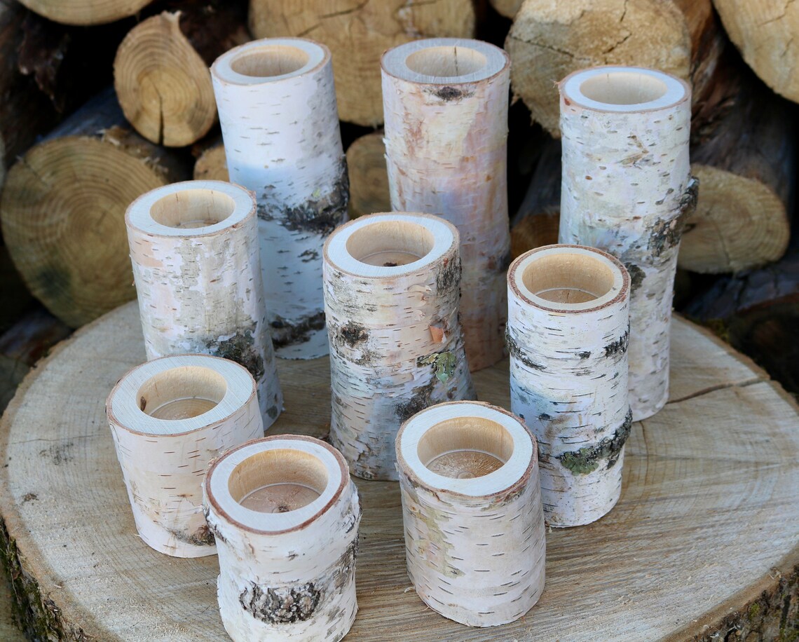Set of 9 White Birch Wood Candle Holders Wood Candle Holders Etsy