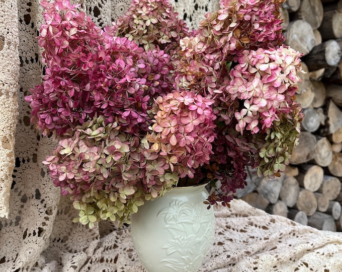 Featured listing image: Dried Hydrangeas, Vanilla Strawberry 3 Stems Rose and Beige in Color, Natural Hydrangeas