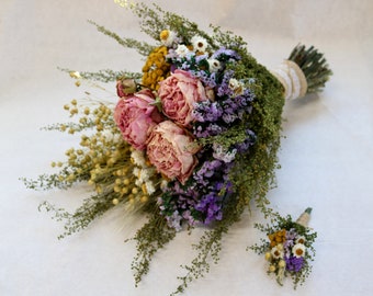 Meadow Pastels Dry Flower Bouquet and Boutonniere Dried Flower Wedding Bouquet with Wheat