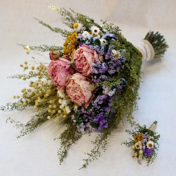 Meadow Pastels Dry Flower Bouquet and Boutonniere Dried Flower Wedding Bouquet with Wheat