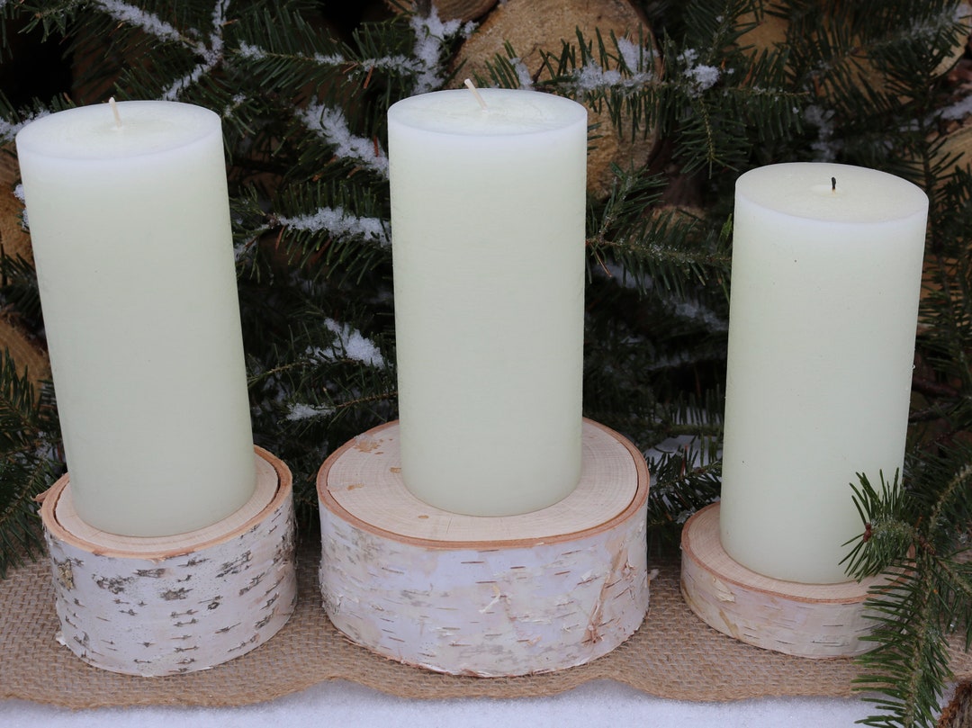 3 White Birch Wood Pillar Candle Holder Set, Wooden Candle Holders